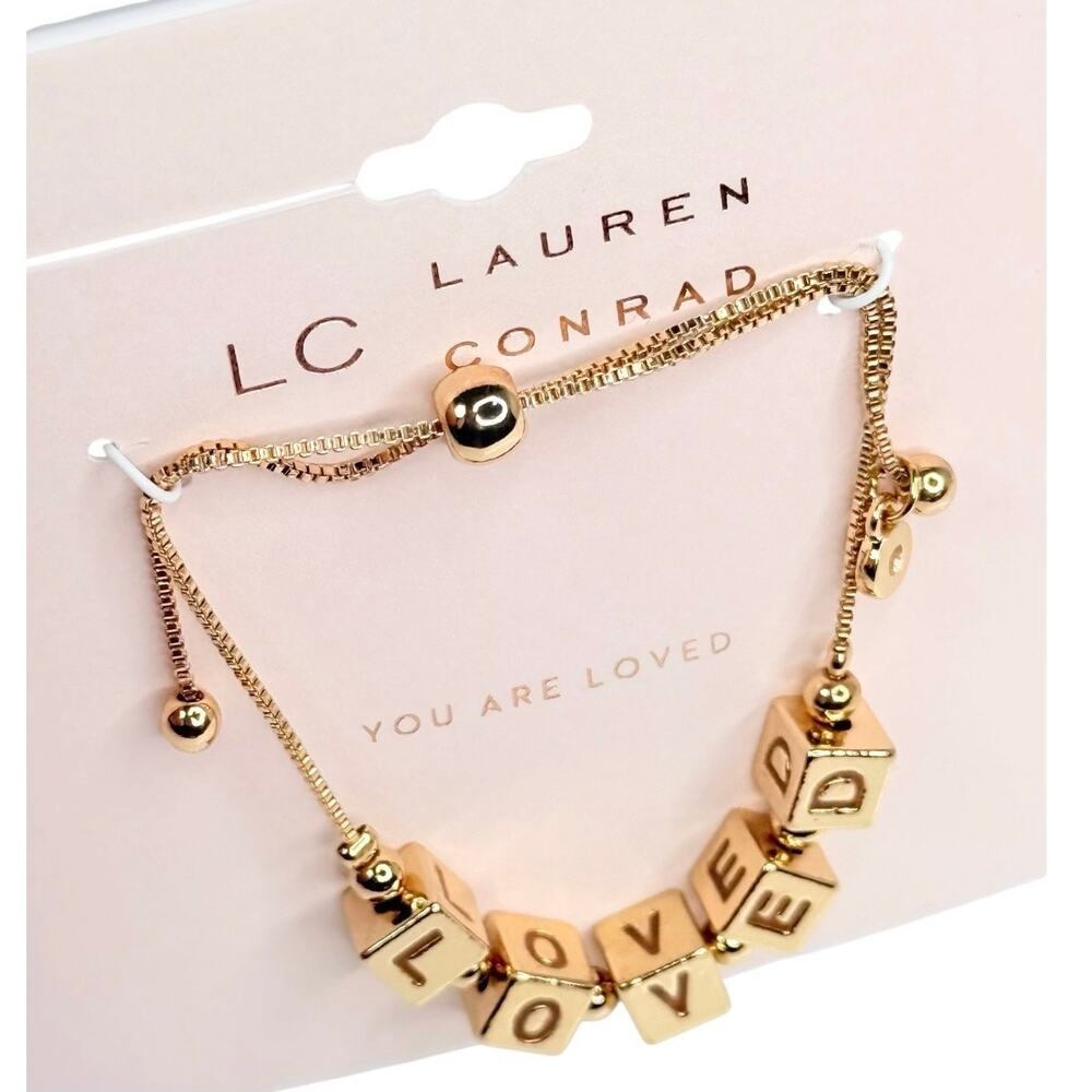 Lauren Conrad Bolo Bracelet LOVED Gold Tone Letter Blocks You Are Loved New LC